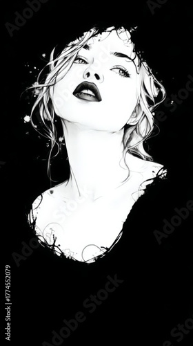 High-contrast ink sketch of a woman's face looking up, black and white, representing edgy fashion and sensuality with copy space