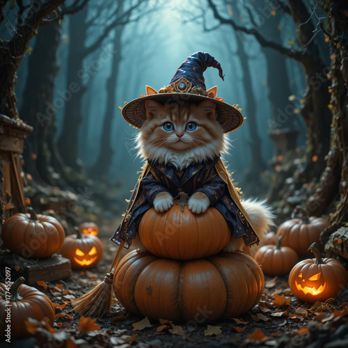 할로윈 오박들을 안고 있는 신비로운 마법사 고양이