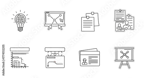 business strategy ideas outline icons showing market trends graphs and data analysis for presentations business plans and strategic planning