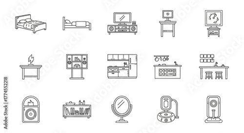 Home furniture icons Line art set for interior design concepts showcasing beds kitchen tv speaker bookshelf mirror robot vacuum for living spaces