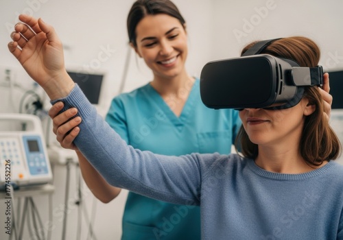 Medical professional assists female patient in physical rehabilitation using a virtual reality headset. Innovative clinic therapy.