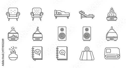 wellness studio elements for relaxation cozy armchairs aroma diffusers soft blankets and calming speakers for holistic mind-body experience