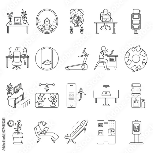 Ergonomic workspace setup promoting wellness comfort and productivity with office essentials fitness gear and relaxing elements for a balanced workday.