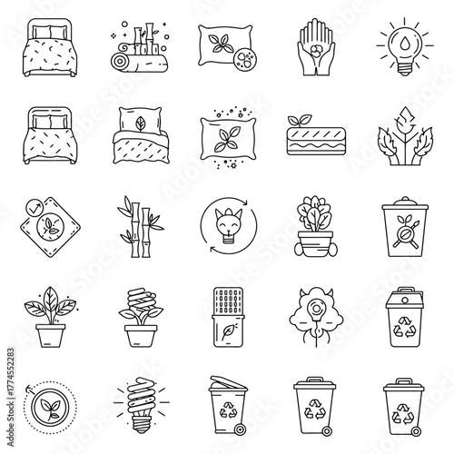 Eco-friendly living line icons set sustainable lifestyle reusable products waste recycling perfect for illustrating zero waste movement environmental conservation.