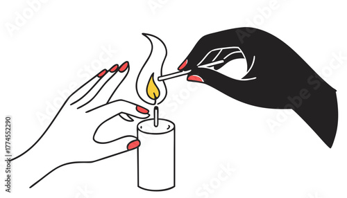 A minimalist, isolated vector illustration showing two hands: one gently holding a small, unlit white candle, and the other hand lighting the wick with a wooden matchstick. The style is clean, with bo