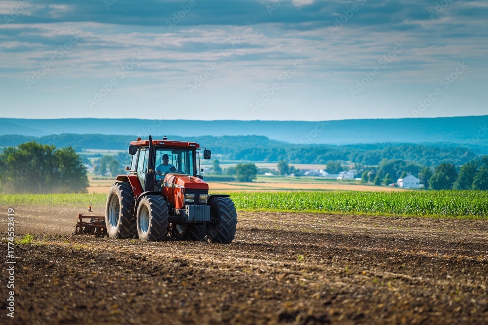 Obraz premium Farmer driving red tractor on farmland with rural landscape