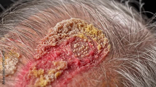 Close up of human scalp affected by dermatological condition showing inflammation and texture details