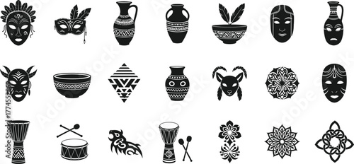 Collection of african tribal masks pottery drums and cultural symbols isolated on transparent background
