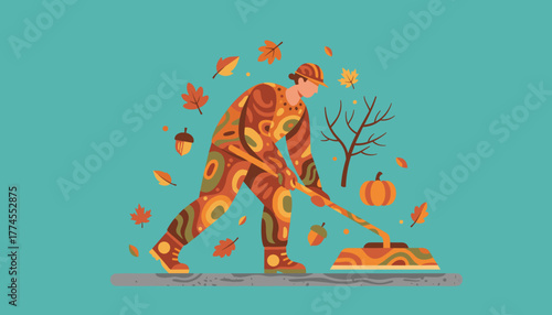 Illustration of a person sweeping autumn leaves and debris with a shovel or rake