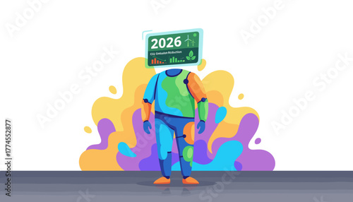 Sustainability robot showing 2026 CO2 emission reduction data and environmental goals