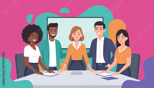 Diverse business team meeting smiling professionals collaborating at a conference table for success