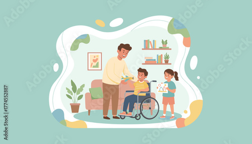 Illustration of a loving father giving a toy airplane to his disabled son in a wheelchair