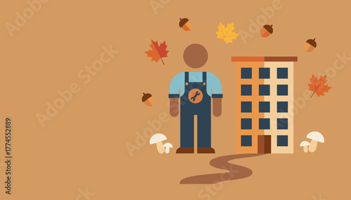 Maintenance worker outside apartment building in autumn Fall repair service and housing illustration