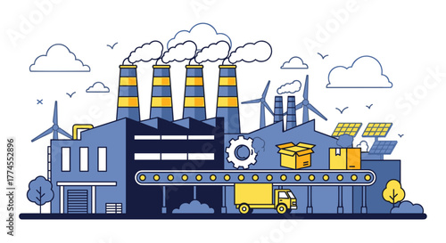 Industrial factory production line with shipping logistics mixing pollution and green energy technology