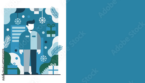 Stylized man standing among winter elements and gifts Holiday sale or seasonal business concept