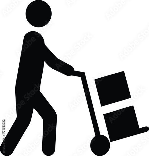 Courier Pushing Hand Trolley with Parcel Boxes Silhouette Vector