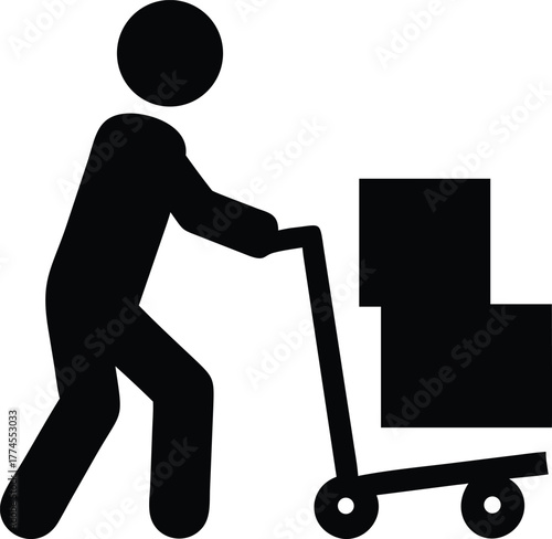 Courier Pushing Hand Trolley with Parcel Boxes Silhouette Vector