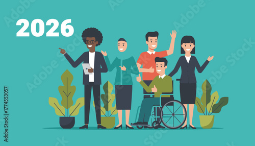 Diverse team looking forward to 2026 goals promoting inclusion equity and business success
