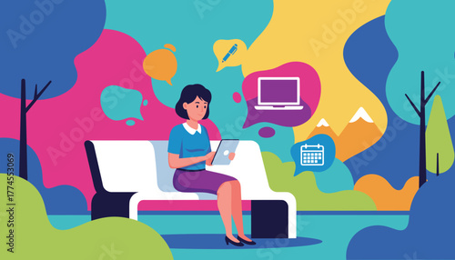 Professional woman using tablet for remote work in a colorful park illustration