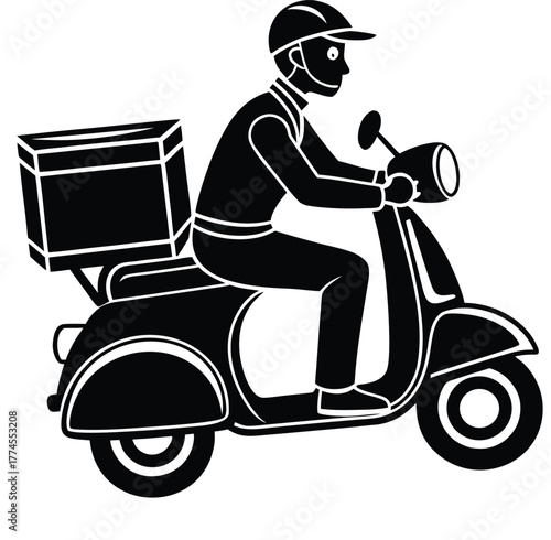 Delivery Man Riding Scooter with Box Silhouette Vector