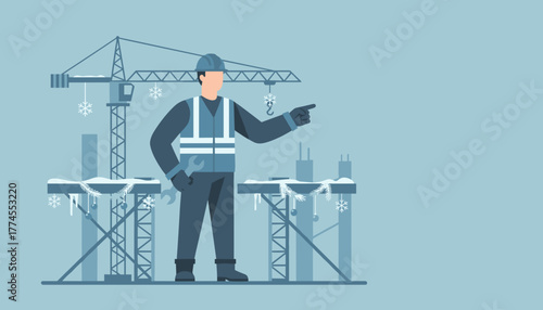 Seasonal construction worker supervising job site decorated for winter holidays