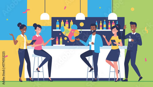 Diverse team celebrating and networking at an office bar Casual business meeting illustration