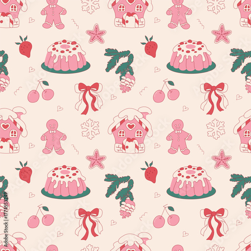 Playful Christmas doodle pattern with gingerbread man, house, cupcake, and bows in sweet pink and green. Cute vector illustration.