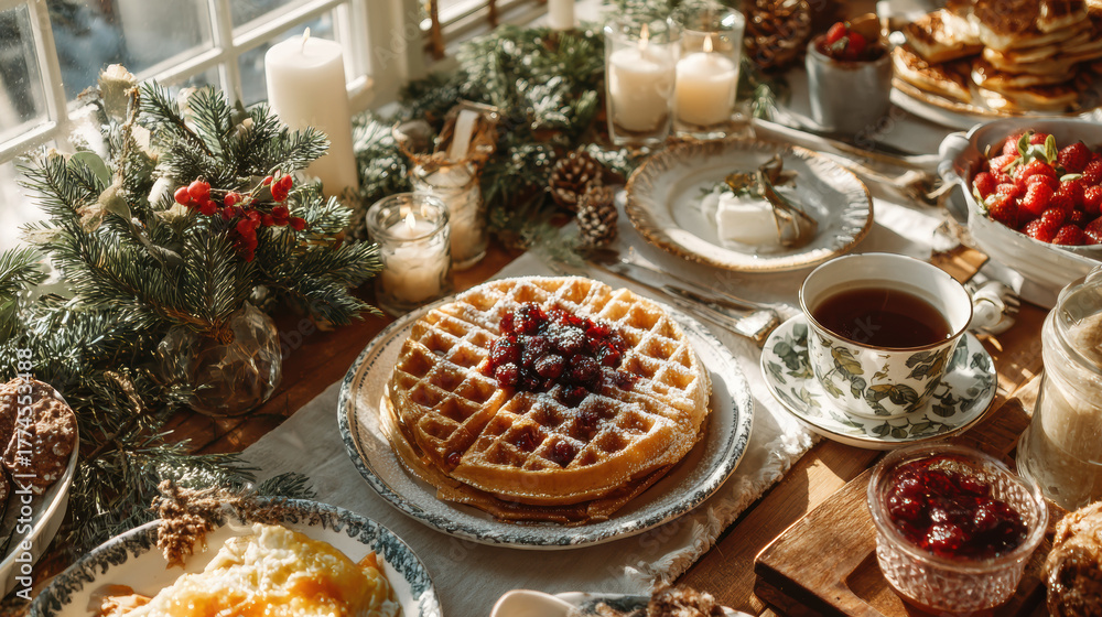 Naklejka premium Delicious holiday breakfast spread with golden waffles, fresh berries, hot tea, and festive decorations. Cozy table setting bathed in warm morning light.