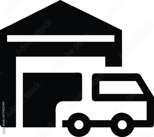 Delivery Van Beside Warehouse Gate Silhouette Vector