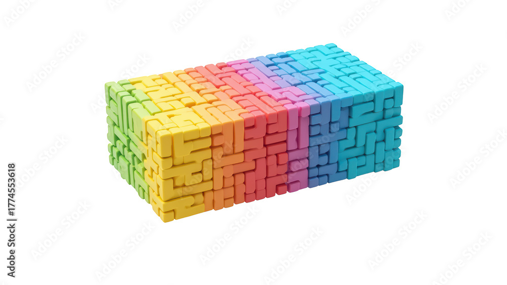 Obraz premium Colorful puzzle block with intricate patterns, showcasing vibrant hues of blue, green, yellow, orange, and pink, evoking sense of creativity