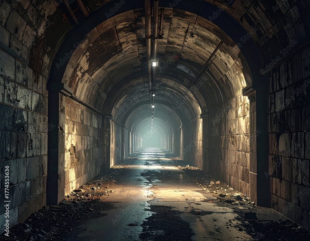 Fototapeta premium Dark Abandoned Tunnel with Eerie Lighting and Rocky Floor Texture