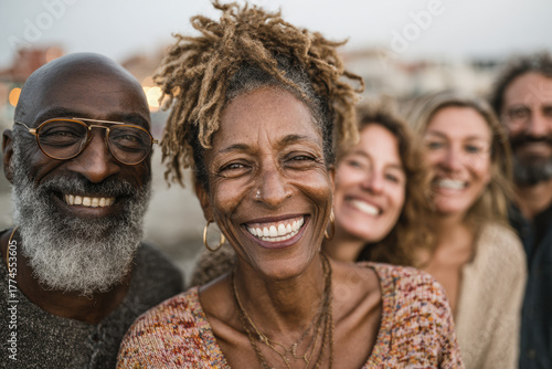A diverse group of happy senior friends smiling genuinely at the camera. This multi-ethnic community of older adults radiates joy and togetherness outdoors.