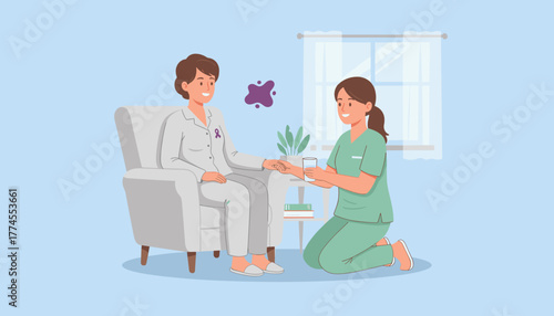 Professional nurse giving compassionate care and water to a patient in an armchair