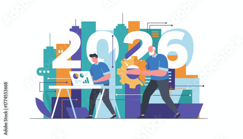 Teamwork planning for 2026 Businessmen collaborate on data analysis and strategic growth