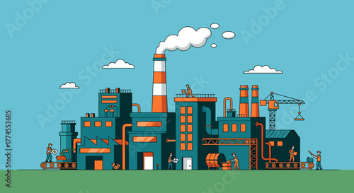 Colorful illustration of a bustling factory showing industry production workers and infrastructure