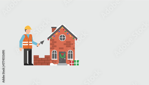 Builder works on brick house during winter holidays Construction real estate and seasonal maintenance