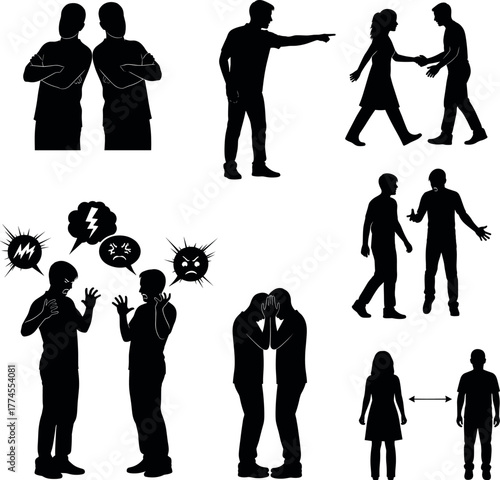Conflict, Communication, and Social Distancing Silhouettes Set - People Figures Vector