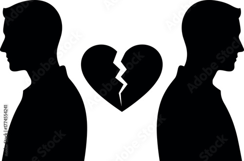 Breakup and Divorce Concept Silhouette - Male Profiles with Shattered Heart Vector