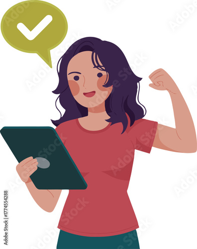 Woman with tablet celebrating success with check mark in speech bubble on a light green background
