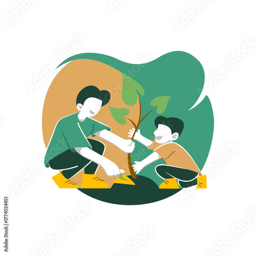 Volunteers Planting Tree family illustration. flat design
