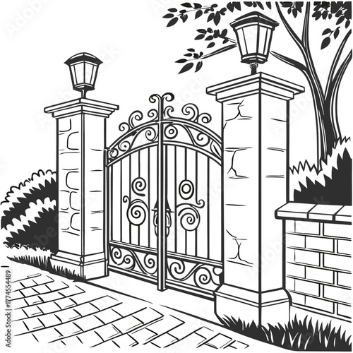 Ornate iron gate with stone pillars a illustration in black and white perfect for architectural design and landscaping pr