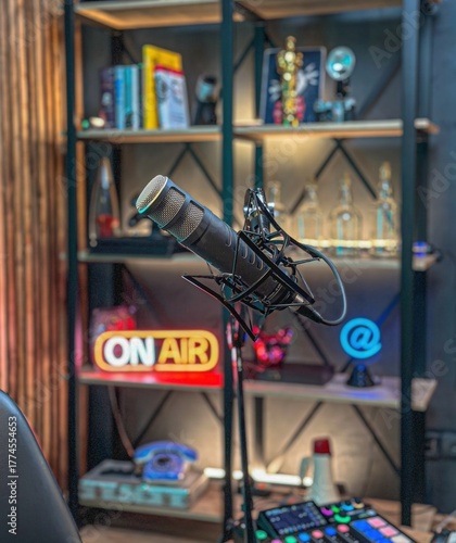 A modern recording studio features a microphone in focus, illuminated ON AIR sign, and colorful shelves filled with awards and tech gadgets. Ideal for live shows or podcasts.
