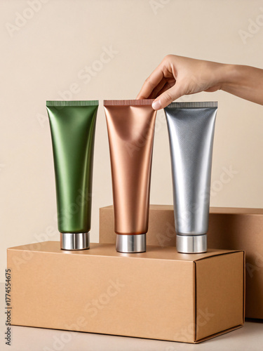 Three Cosmetic Tubes Arranged for Display On Cardboard Blocks	