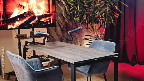 A well-designed podcast studio creates a warm atmosphere with comfortable chairs and microphones set up for recording sessions. The virtual fireplace adds a cozy touch.