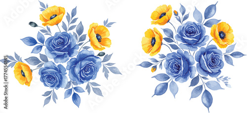 Blue roses and yellow poppies floral arrangement illustration