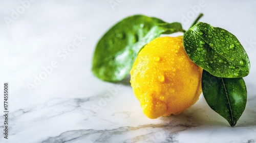 lemon. Vibrant lemon with green leaves on marble surface, fresh citrus close-up with water droplets. menu design, packaging mockups, designed for food delivery and cloud-kitchen brand materials.