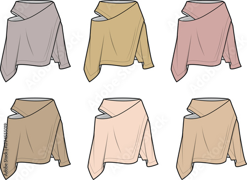 Set of six draped asymmetrical tops in different earthy tones, perfect for fashion sketches and design presentations