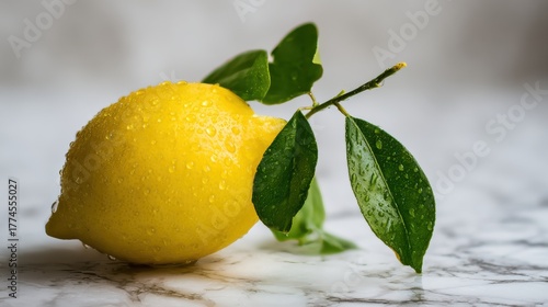 lemon. Vibrant lemon with green leaves on marble surface, fresh citrus close-up with water droplets. menu design, packaging mockups, designed for food delivery and cloud-kitchen brand materials.