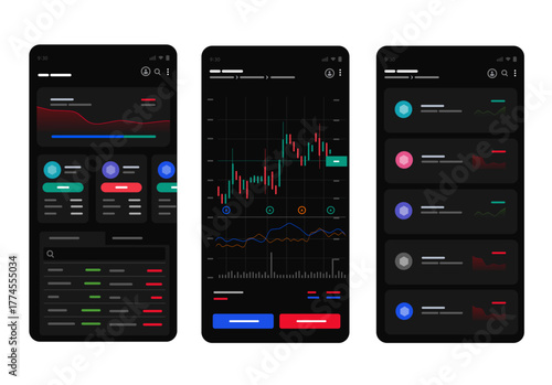 mobile financial trading application screens dark mode a dashboard candlestick chart stock list exchange crypto currency investment concepts smartphone interface for UI UX design
