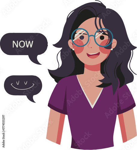Cartoon woman with glasses and speech bubbles on a circular background with a blue tube above her head